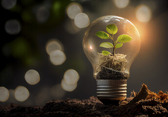 Small plant tree growing on light bulb with bokeh lights. Concept of saving energy, Beauty of Nature. Power of Sustainable Energy, Earth Day. Generative AI.