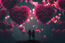 AI Generated Illustration Of Couple Holding Hands Under Heart Shaped Balloons