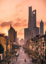 View Of Pudong Residential District At Sunset In Shanghai, China.