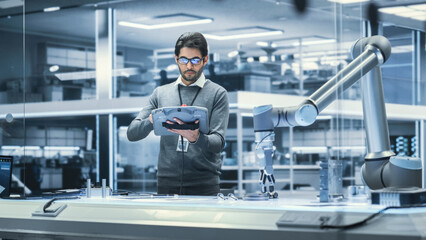 Poster - Robotics Engineer Researching and Developing a Technological Robot Arm Project, Standing with Tablet Computer in Scientific Technology Lab. Young Male Working on an AI Robotic Arm.