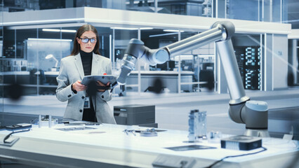 Poster - Young Beautiful Female Engineer Using a Tablet Computer, Researching and Developing a Futuristic Robotic Arm Machine in a High Tech Industrial Laboratory with Modern Equipment. Cinematic Footage.