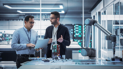 Leinwandbilder - Diverse Colleagues of Industrial Robotics Engineers Experimenting With Robotic Arm. Scientists Use Laptop Computer to Manipulate and Program the Robot to Move and Put Down a Powerful Microchip.