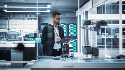 Aufkleber - Industrial Robotics Professional Interacting with Robotic Arm During a Research Phase in a High Tech Startup. Scientist Uses Tablet Computer to Manipulate and Program the Robot to Move a Microchip.