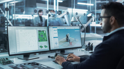 Portrait of a Young Hispanic Industrial Engineer Developing 3D Model of a Circuit Motherboard on Computer CAD Software in a Factory. Modern Technological Research and Development Center.