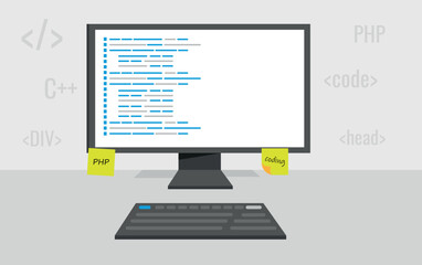  developer screen, application design, coding, and programming on computer concepts, coding screen with different languages, Vector Illustration