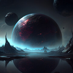 Wall Mural - Dark planet landscape with flying planets in the sky