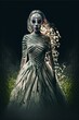 Horror scene of a scary girl with a white dress and a mask,fictional person made with generative ai