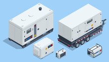 Isometric Portable Electric Power-generator, Generator-trailer, Industrial Diesel Generator. Standby Generator. Different Type Of Industrial And Small Power Generators
