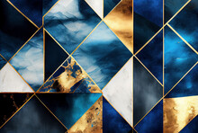Gold And Blue Marbling Abstract Geometric Shapes Background, Watercolor Paint Texture Imitation Created With Generative AI Technology