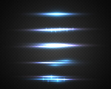 Magic Soft Horizontal Neon Lines. Set Of Abstract Lens Flares. Flash Luminous Blue Line Motion. Laser Sparkle Beams, Glowing Speed Rays, Sparks Light Effect. Luminous Sparkling Lined. Vector