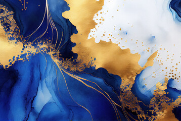 Wall Mural - Gold and blue marbling abstract background, watercolor paint texture imitation created with Generative AI technology