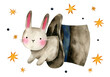 Watercolor cute illustration - a bunny jumps out of a hat. Circus trick with a rabbit. Cute animal character hand drawn illustration.