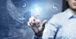 © Paulista - Woman's hand touching button on a virtual interface with marketing infographics and data. Modern digital technologies.