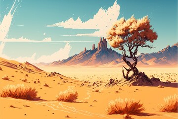 Manga-style desert landscape with sky and clouds. Digital illustration AI