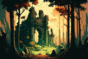 Anime-style landscape of ruins in the middle of the forest. Illustration AI