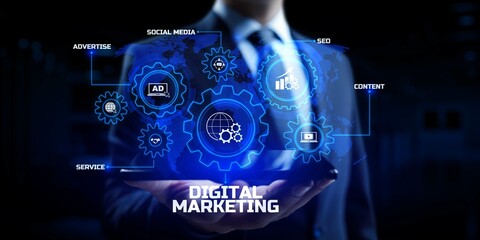 Wall Mural - DIgital marketing online internet SEO SEM SMM. Businessman pressing button on screen.