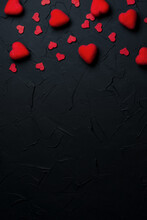 Vertical Baner For Valentine's Day. Black Background With Red Hearts. Place For Text.