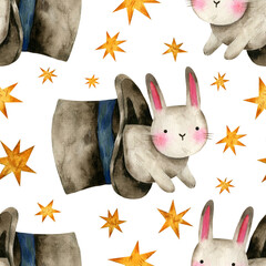 Watercolor seamless pattern with cute bunny jumps out of a hat. Circus trick with a rabbit seamless background. Cute animal character hand drawn illustration.