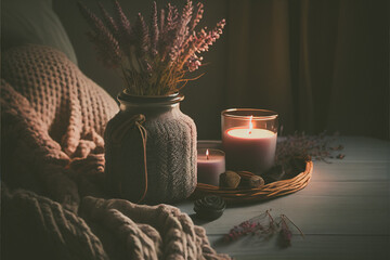 Wall Mural - Cozy winter morning at home with hot coffee, warm blanket, candle lights, heather lavender flowers