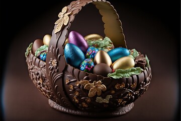 Sticker -  a basket filled with chocolate eggs on a table top with a black background and a gold leaf decoration on the top of the basket, and a gold leafy decoration on the side of the.