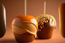  A Group Of Three Chocolate Covered Apples Sitting On Top Of A Table Next To Each Other On A Stick With A Caramel Drizzle On Top Of Them And A Caramel Drizzle.