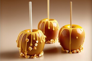 Sticker -  caramel caramel apples with caramel drizzle and candy sticks on them, with caramel drizzle on top of them, and caramel drizzled with white.