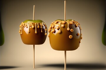 Sticker -  two caramel apples with caramel sauce and nuts on them on a stick with a green apple in the background and a green apple in the foreground with a brown background with a.