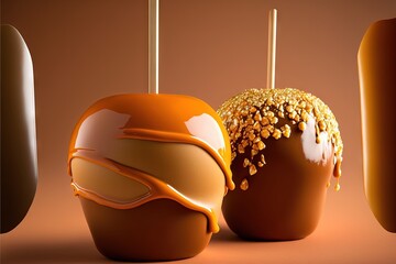 Sticker -  a group of three chocolate covered apples sitting on top of a table next to each other on a stick with a caramel drizzle on top of them and a caramel drizzle.