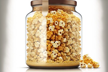 Poster -  a jar filled with popcorn sitting on top of a table next to a pile of popcorn kernels on a table top next to a glass container with a brown lid and a brown lid.