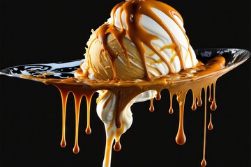  a scoop of ice cream with caramel drizzle on it and dripping on a black background with a spoon in the foreground of the image, with a black background, with a black background.