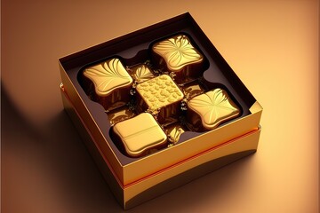 Wall Mural -  a box of gold foiled chocolates with a golden design on the top of it and a few pieces of the chocolate in the middle of the box are gold foiled out and the.