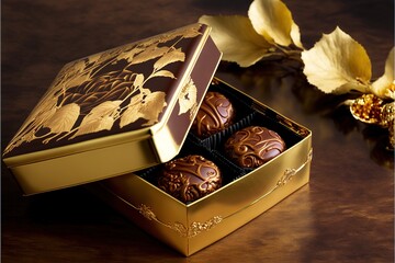 Wall Mural -  a box of chocolates sitting on a table next to a flower and a gold plated object with a gold leaf on it and a brown table with a gold flower and a gold border.