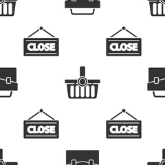 Poster - Set Briefcase, Shopping basket and Hanging sign with Closed on seamless pattern. Vector