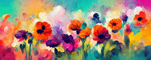 A Painting Of Colorful Flowers In A Field, Generative AI