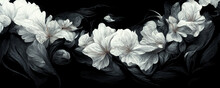 A Painting Of White Flowers On A Black Background, Generative AI