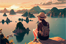 A Young Traveler Girl Siting And Enjoying The Beauty Of The Seascape On The Top Of A Mountain In Halong Bay During The Late Afternoon. Generative Ai Illustration In Vector Style.