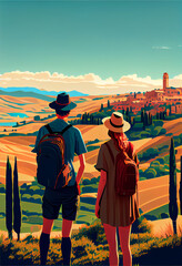 Wall Mural - Young couple travelers looking at the distance beautiful fields of Tuscany. In at late afternoon. Generative Ai illustration in vector style.