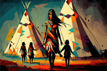 Native American Indian Woman With Child Abstract Art,generative Ai	
