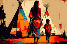 Beautiful Native American Woman Indian With Child Abstract Art,generative Ai	