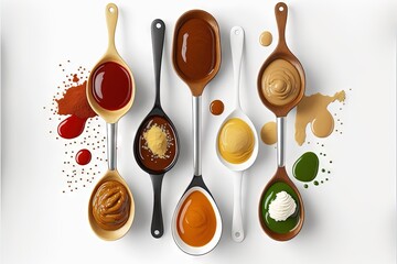 Sticker -  a group of spoons with different types of sauces on them and a spoon with different colors of sauces on them, all of different sizes and shapes and sizes, all in a row.