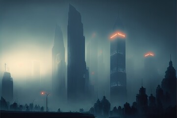 Wall Mural -  a city with tall buildings in the foggy night sky with street lights on the buildings and street lamps on the street lights on the buildings and the street lights on the buildings in the fog.