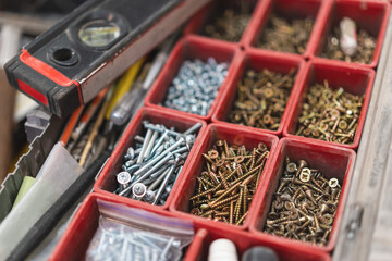 many different screws in the  organizer of master for work