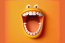 Wide Open Mouth In A Cartoon, Isolated On An Orange Backdrop. Halloween Monster Has An Adorable Open Mouth, Large Teeth, And A Pink Tongue. Generative AI