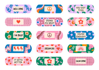 band aid vector illustrations set. colourful groovy patches. motivational positive stickers