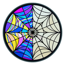 Stained Glass On A Wednesday, Circle Window Vector. Window With Gray And Colored Mosaic. Vector Illustration.