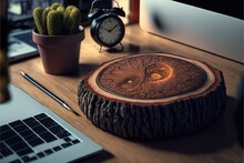  A Wooden Table With A Laptop And A Clock On It And A Cactus In A Pot Next To It On A Desk With A Laptop And A Phone And A Cactus In The Background With A.