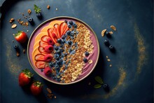  A Bowl Of Cereal With Fruit On Top Of It And A Spoon In The Bowl Next To It On A Blue Surface With A Few Other Fruits And A Few Other Items Around It,. Generative AI