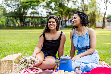 Two female friends having a picnic in the park