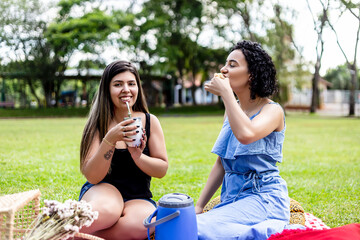 two female friends having a picnic in the park