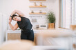 © tai - chubby woman stretching arms improve movement. relax fat woman training home fitness trying twisting arms for stretching. chubby woman focus warming before or after exercising reduce muscle tension